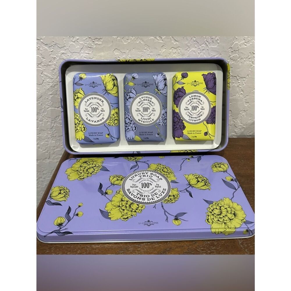 New, La Chatelaine Luxury Soap Bars (3-7oz.) Lavender, Lychee, Lemon Verbena